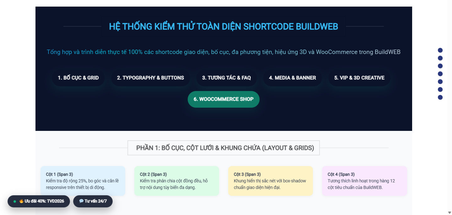 Tổng quan hệ thống shortcode block trong trình dựng trang BuildWeb TVD Theme